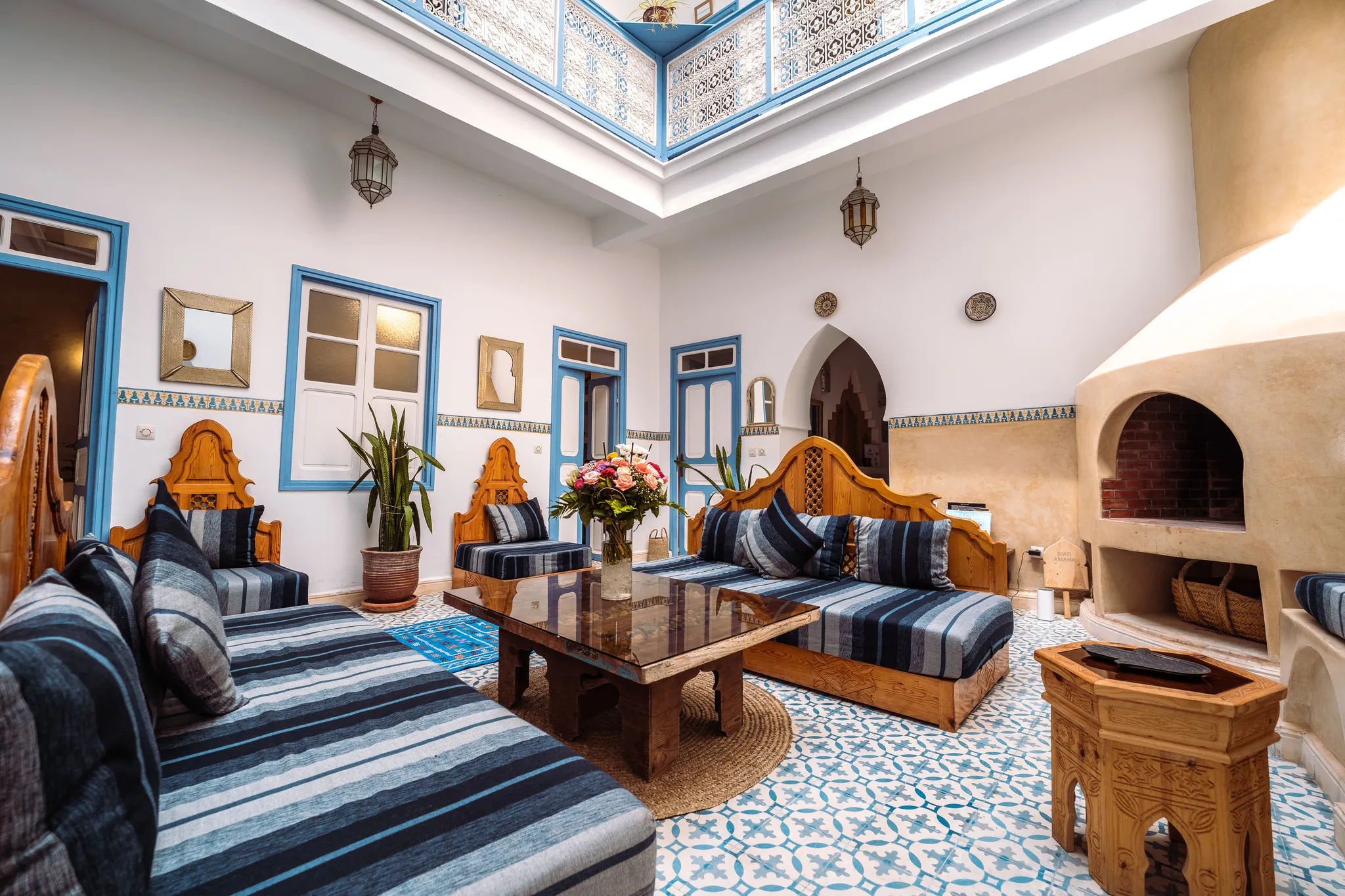 A blue-and-white Moroccan salon inside Riad Amana